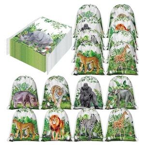 12 piece Safari Animal Drawstring Favor Bags - Green & White Jungle Print